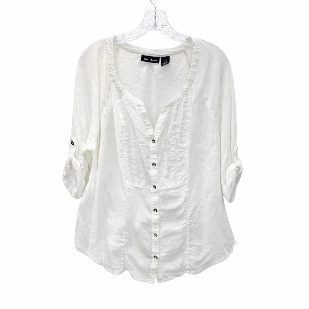 DKNY Jeans White Button Front Pintuck Blouse Roll Tab Sleeve Lightweight XL